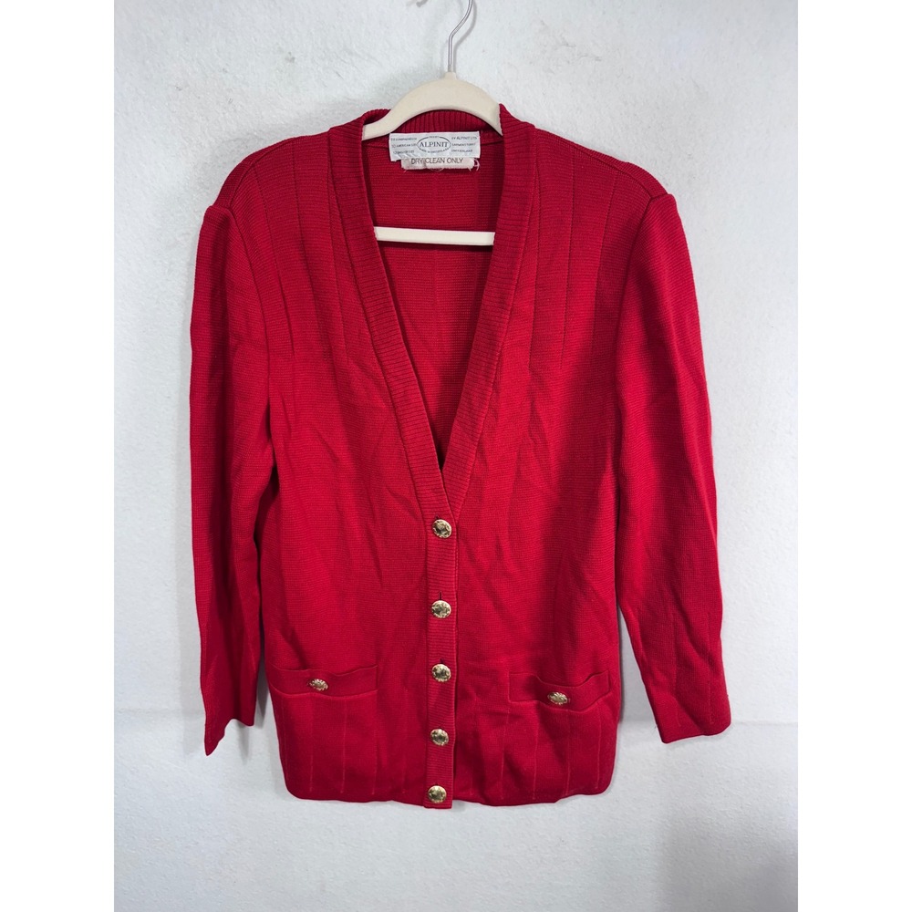 Vintage Alpinit Women's 10 Red Cardigan Sweater 100% Pure Wool Gold Button Swiss
